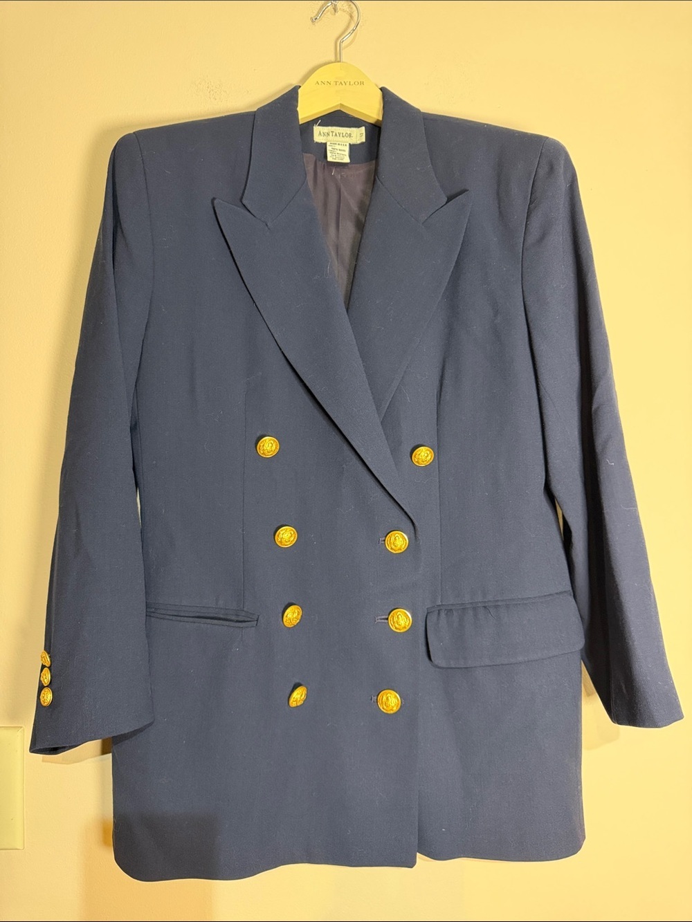 Vintage wool Ann Taylor Navy Double-Breasted Blazer with Gold Buttons